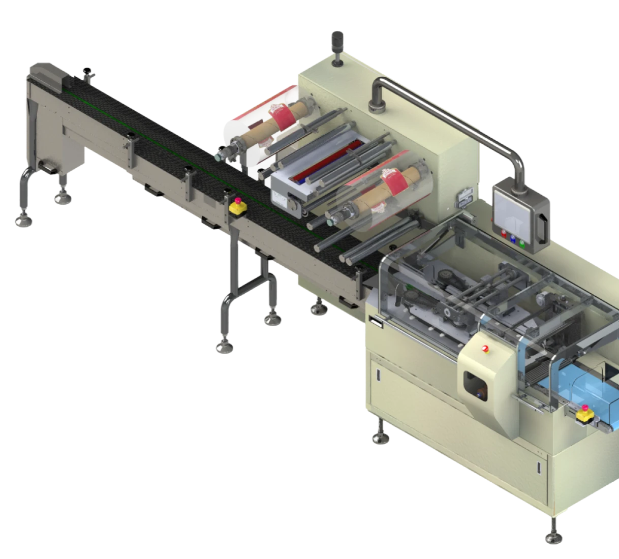 Máquina envasadora flow pack con transportador y bobina de film